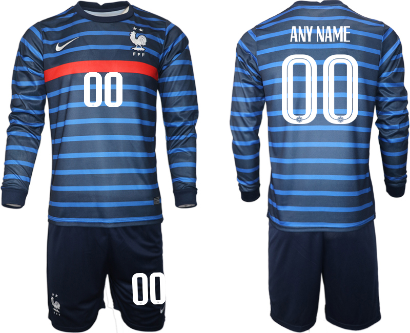 Men 2021 European Cup France home blue Long sleeve customized Soccer Jersey->customized soccer jersey->Custom Jersey
